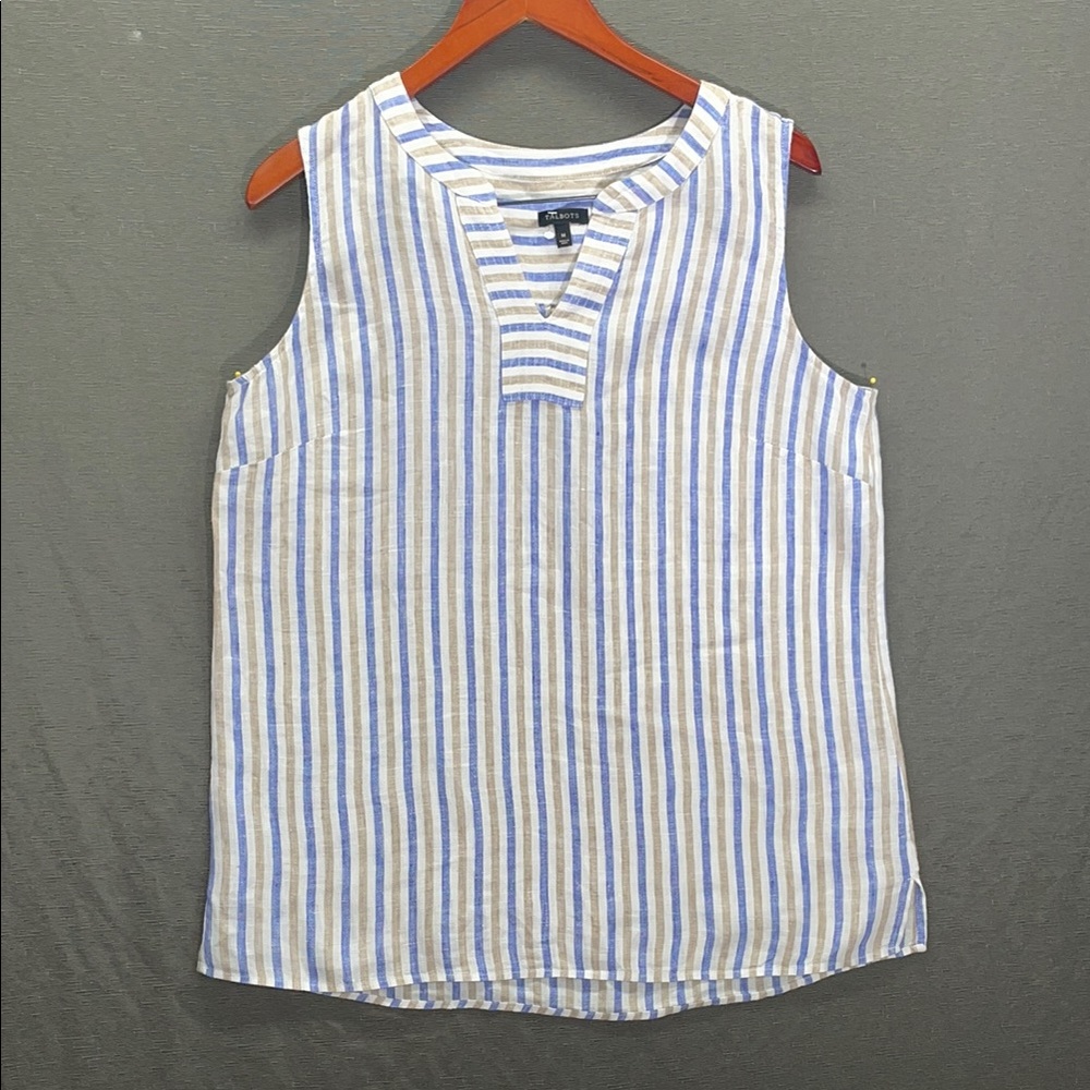 Talbots Blue and White Striped Blouse with Lace-Up V-Neck 100 % Linen